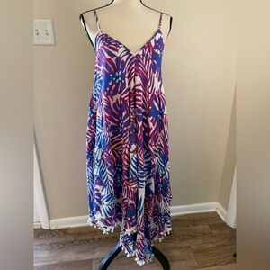 Goa Beachwear by Japna tropical floral palm & pom pom swim coverup maxi dress M
